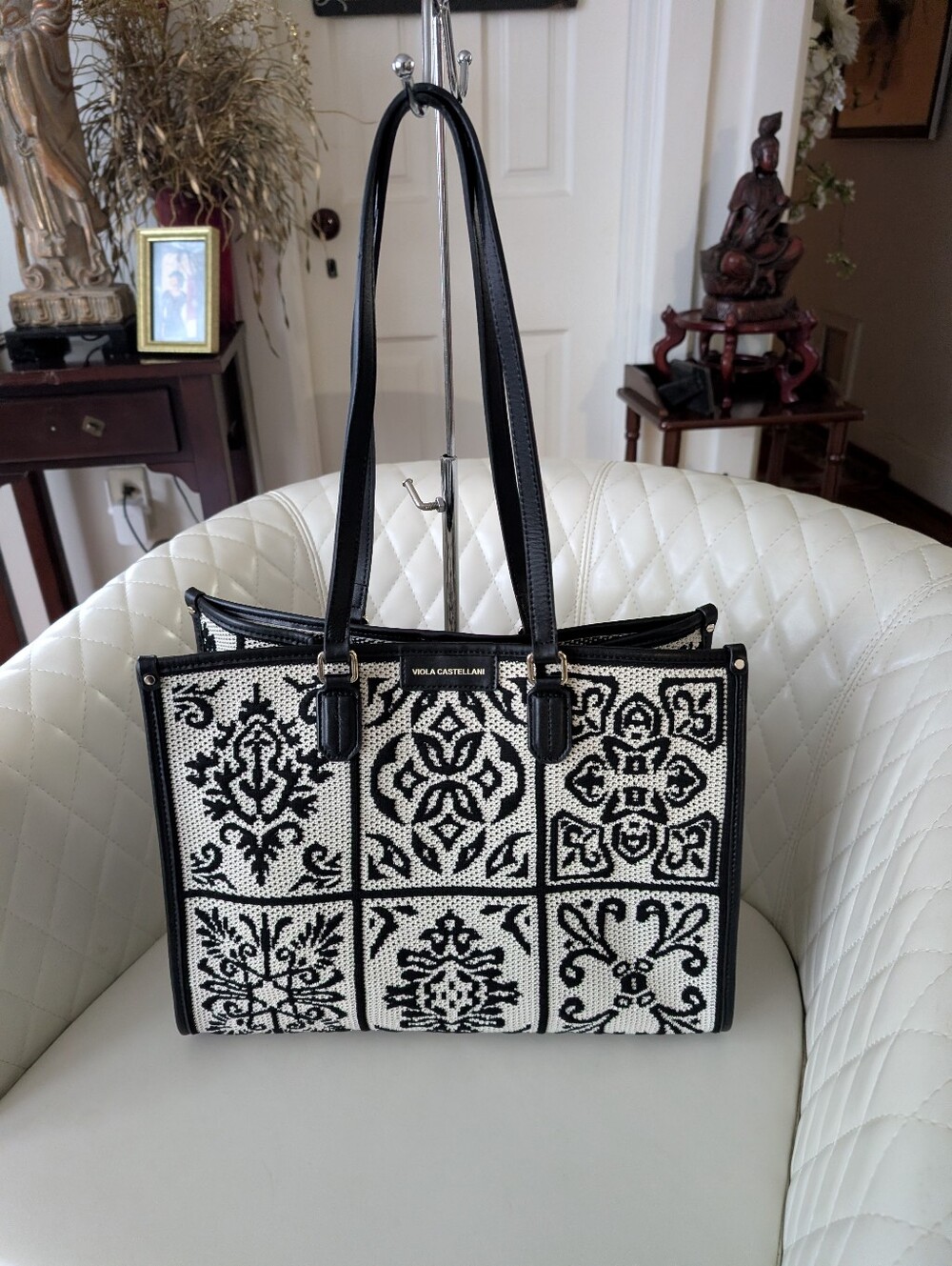 NWOT Made In Italy Viola Castellani Black & White Woven Patterned Tote Bag